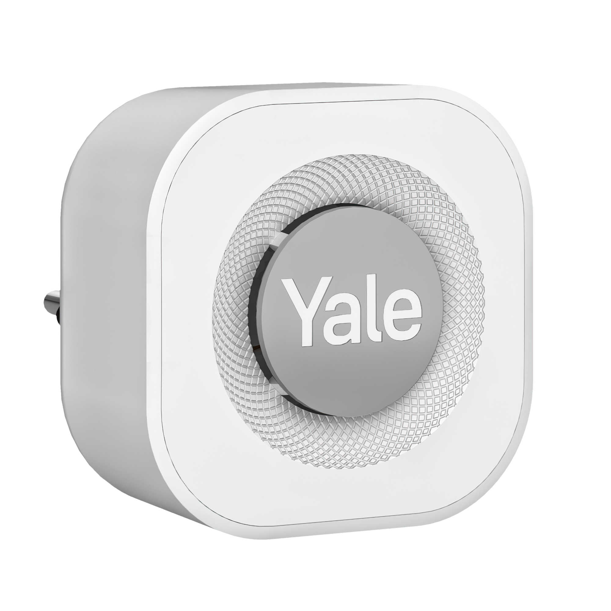 Ein weißer Yale Smart Plug mit grauem kreisförmigen Mittelteil. Das Zentrum hat das Yale-Logo. An der Seite ist ein Stecker zu sehen.