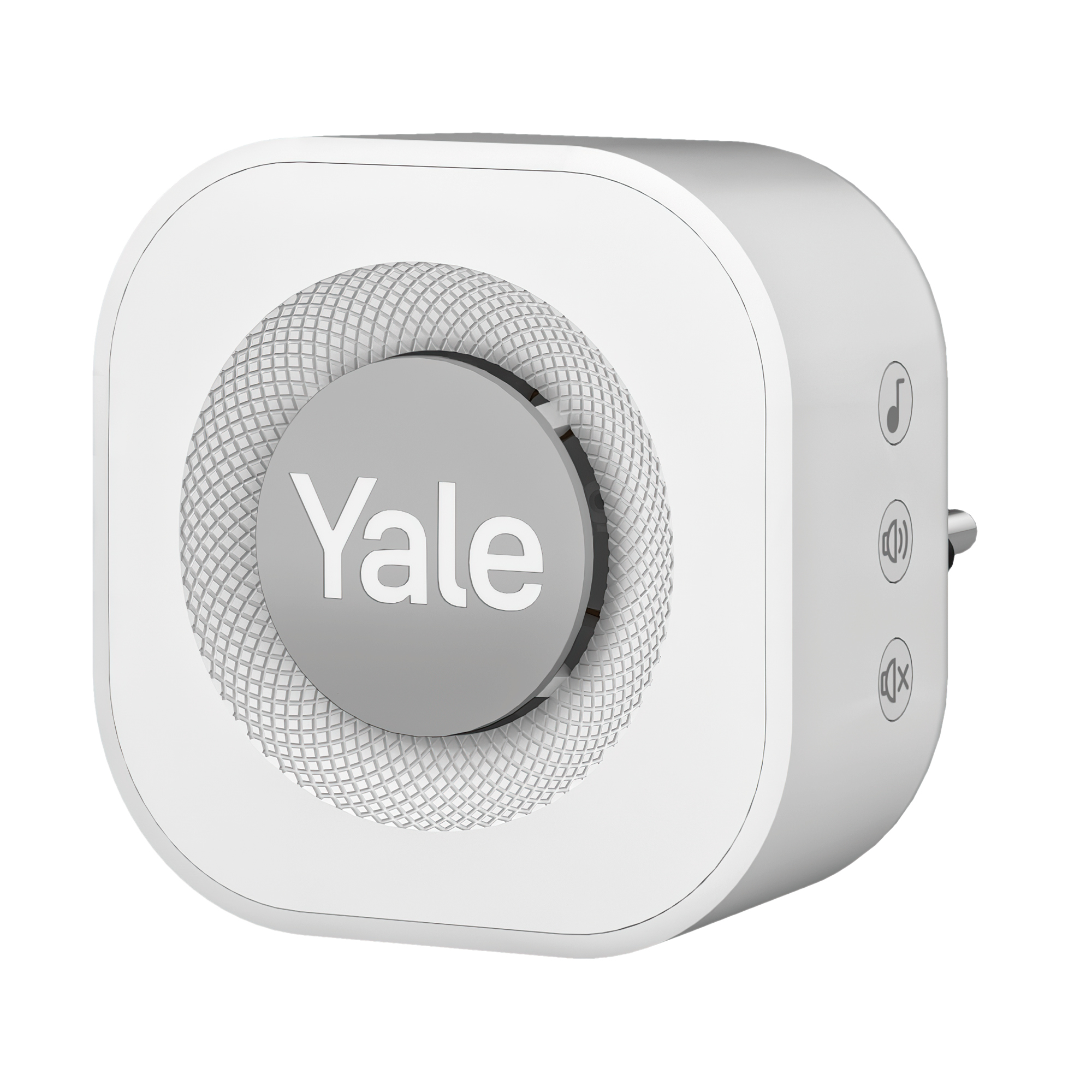 Eine weiße Yale-Soundmaschine. Sie hat einen Lautsprecher, Knöpfe und einen Netzstecker. Der Lautsprecher hat ein Gittermuster.
