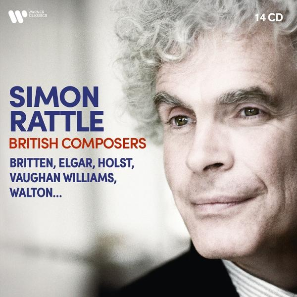 Albumcover mit Porträt von Simon Rattle. Text enthält 'Simon Rattle', 'British Composers' und Komponistennamen. Oben rechts steht '14 CD'.