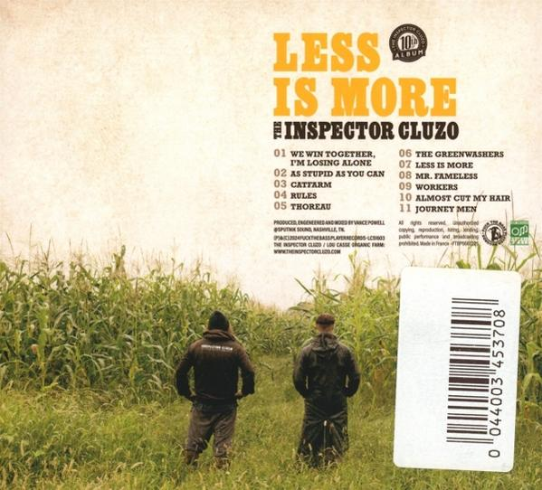 Albumcover. Zwei Personen vor einem Maisfeld. Der Text lautet 'Less Is More' von The Inspector Cluzo.