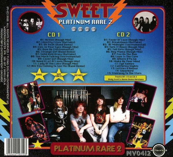 Albumcover von Sweet Platinum Rare 2. Enthält Bandfotos, Titellisten für CD 1 und CD 2 sowie einen Barcode unten.