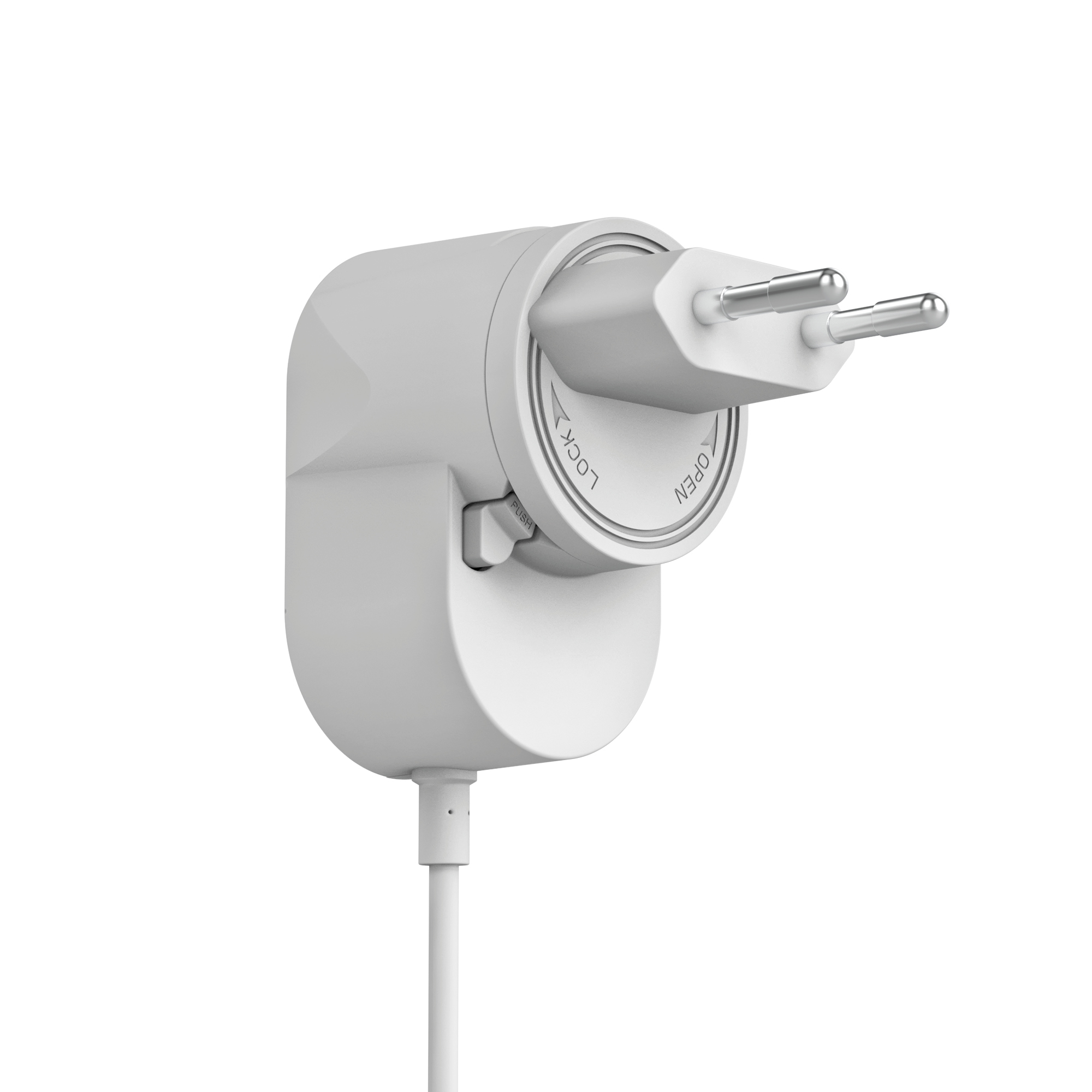 Ein weißer Netzadapter mit Stiften wird vor weißem Hintergrund gezeigt. Er hat ein Kabel.