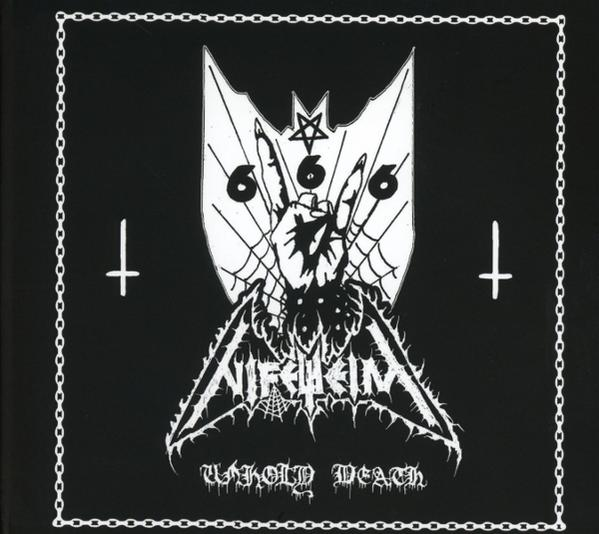 Schwarz-weißes Albumcover mit Fledermaus, Hand mit 666, umgekehrten Kreuzen und den Wörtern 'Nirheim' und 'Unfold Death'.