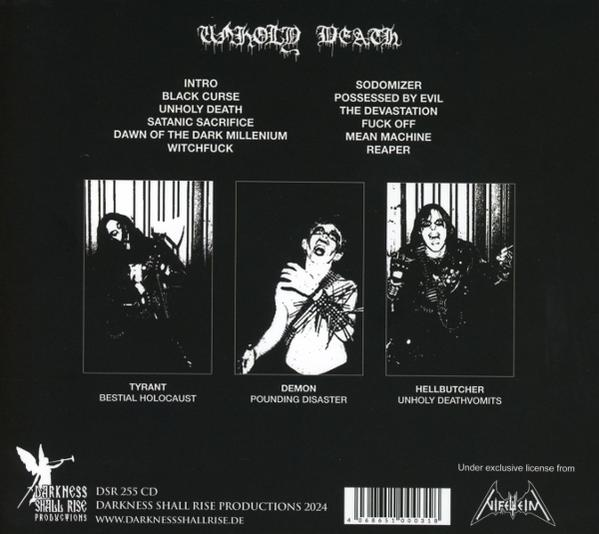 Albumcover mit Fotos von Bandmitgliedern und Songtiteln. Enthält Text: Unholy Death, Darkness Shall Rise Productions und Logo von Nifelheim.