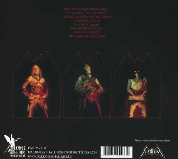 Albumcover mit drei Figuren in dunkler Umgebung. Text listet Songtitel auf. Darkness Shall Rise Productions Logo und Bandlogo vorhanden.