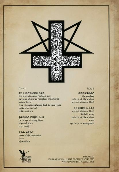 Poster mit schwarzem, umgekehrtem Kreuzlogo, Text und Albumdetails auf beigem Hintergrund, für eine Musikveröffentlichung.