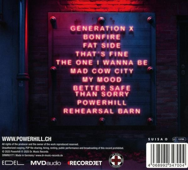 Ein Neonschild zeigt Songtitel: Generation X, Bonfire, Fat Side, That's Fine und andere. Der Hintergrund ist eine Ziegelmauer.