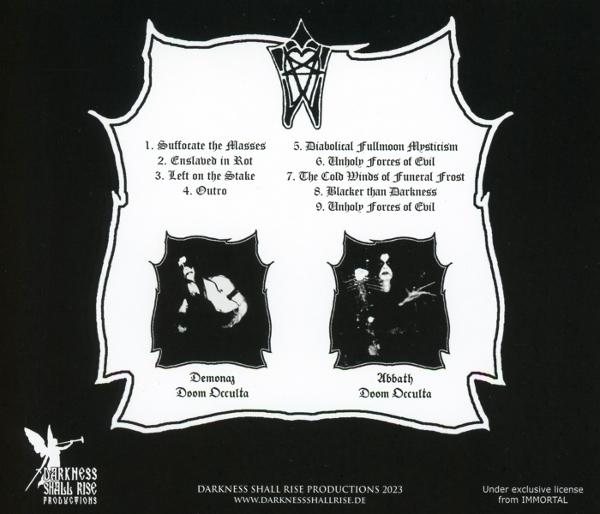 Schwarzes Albumcover mit weißem Text und Grafiken. Enthält Songtitel, Bandnamen und ein Logo von Darkness Shall Rise Productions.