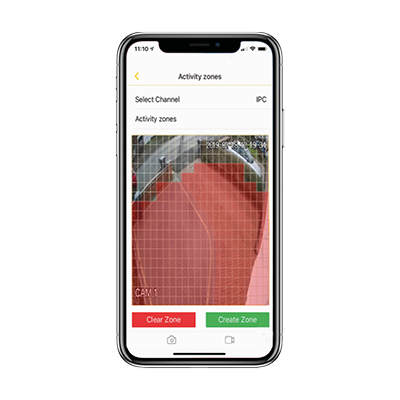 Smartphone-Bildschirm mit Aktivitätszonen-Einstellungen. Rotes Raster über einem Video-Feed. Optionen zum Löschen oder Erstellen von Zonen.