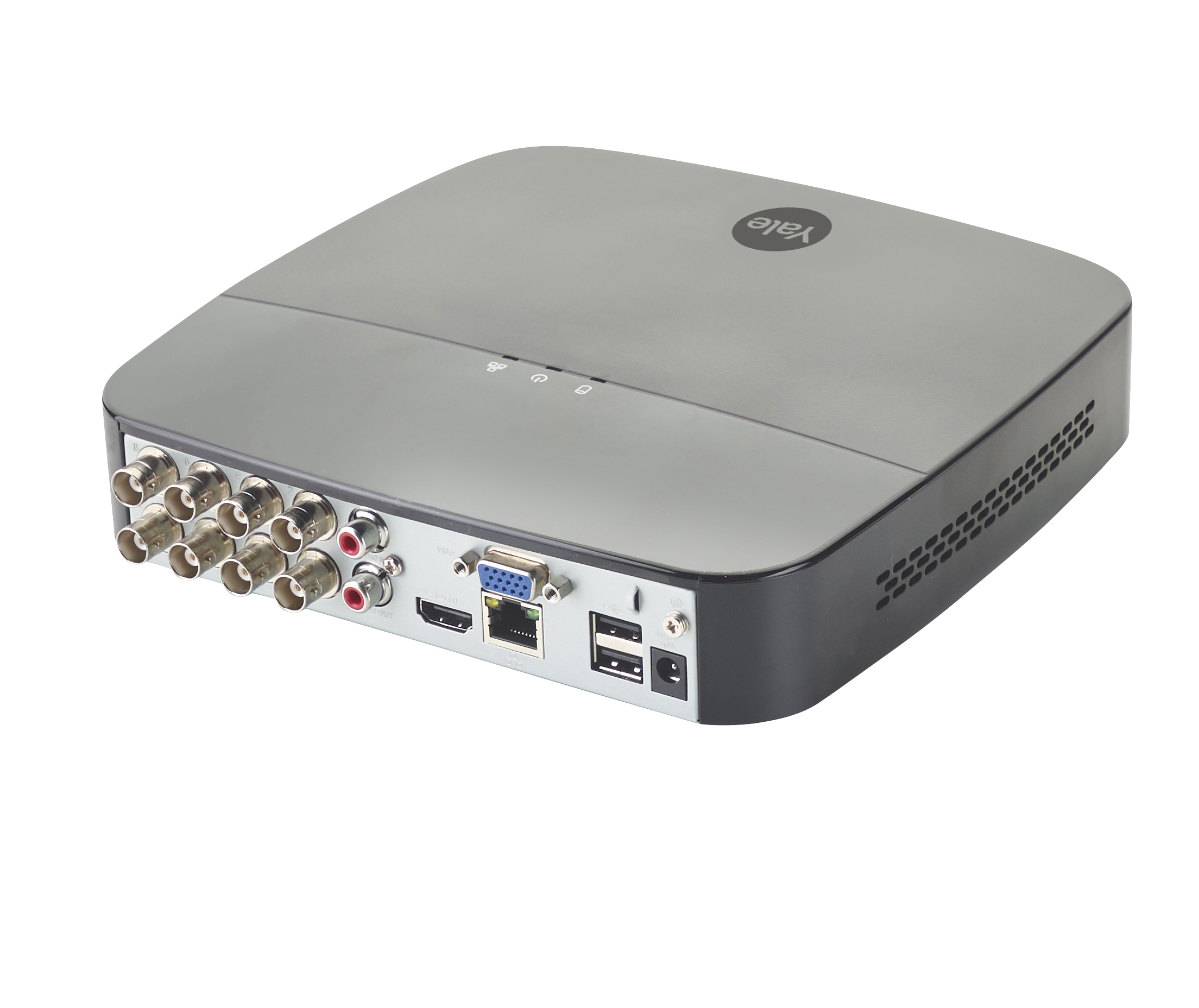 Ein grauer Yale Sicherheits-DVR. Er hat mehrere Anschlüsse, darunter BNC, HDMI, USB und VGA, sowie einen Einschaltknopf.