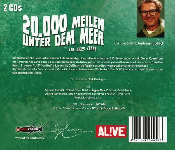 Cover für das Hörbuch "20.000 Meilen unter dem Meer". Enthält ein Porträt von Andreas Fröhlich und Text auf grünem Hintergrund.