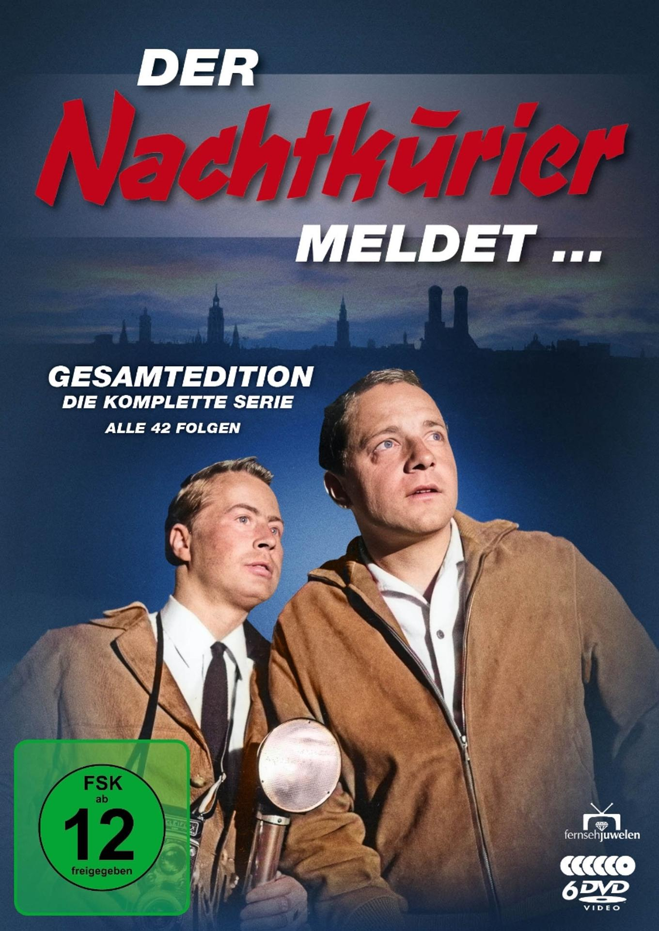 DVD-Cover für 'Der Nachthkürier'. Zwei Männer schauen nach oben. Text: 'Gesamtedition', 'Alle 42 Folgen'. Grünes Rating-Logo, '6 DVD VIDEO'.
