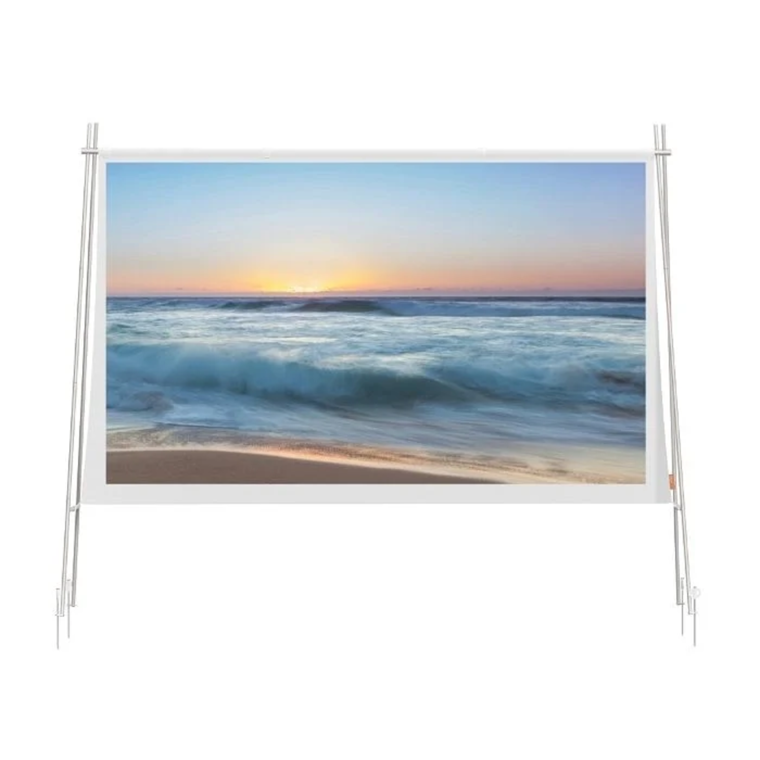 A beach scene at sunset. Waves crash on the shore, with a colorful sky above. Displayed on a white framed stand.