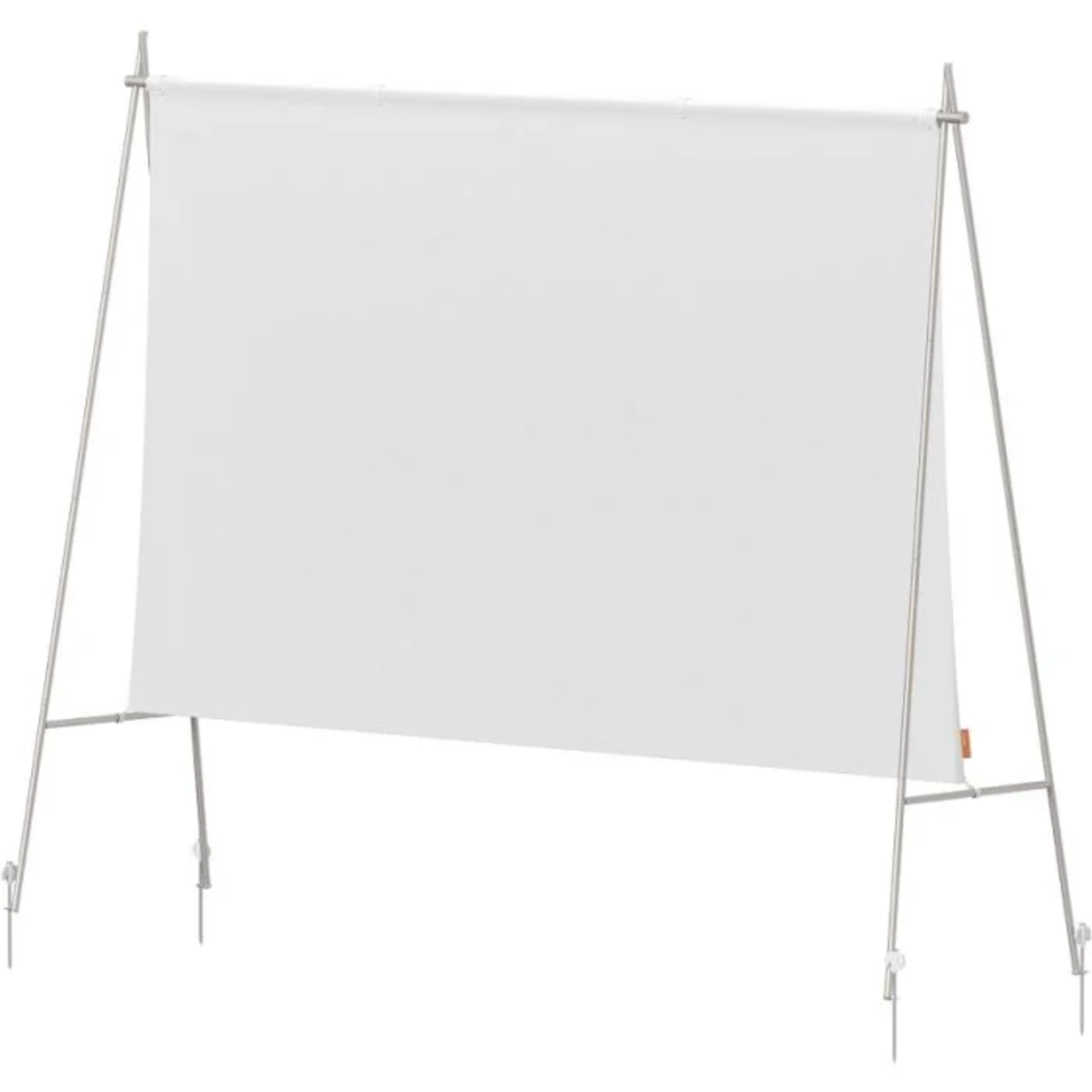 A white screen on a metal frame. The frame has legs that stand on the ground. The screen is plain white.