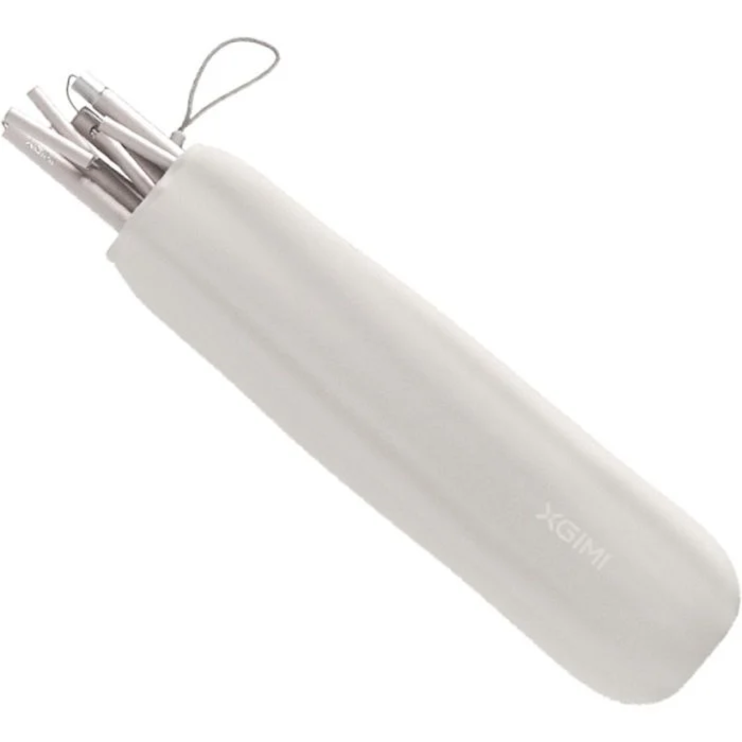 A white cylindrical case containing silver metal sticks. The case has "XGIMI" printed on it. The case is on a white background.