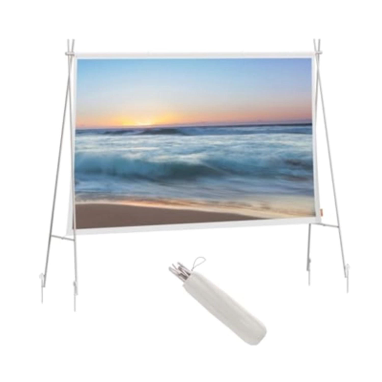 A projector screen displays a beach sunset scene. A white carrying case rests below the screen.