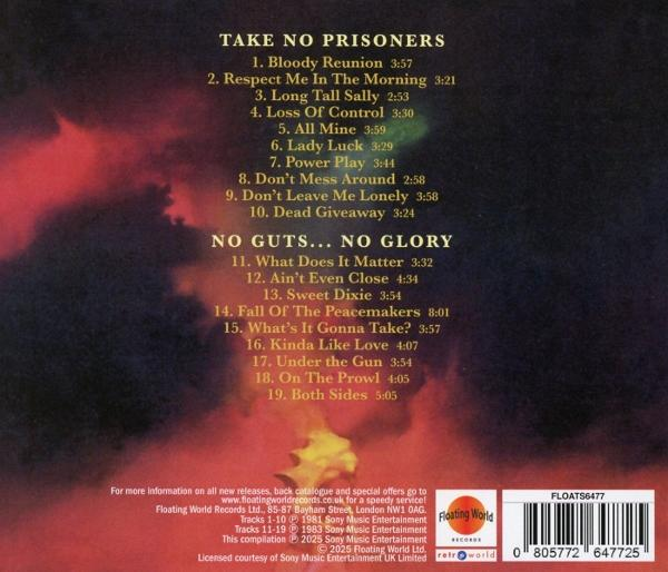 CD-Cover mit Titelliste: Take No Prisoners und No Guts... No Glory. Enthält Songtitel und -dauer. Schwarzer, roter und gelber Hintergrund.