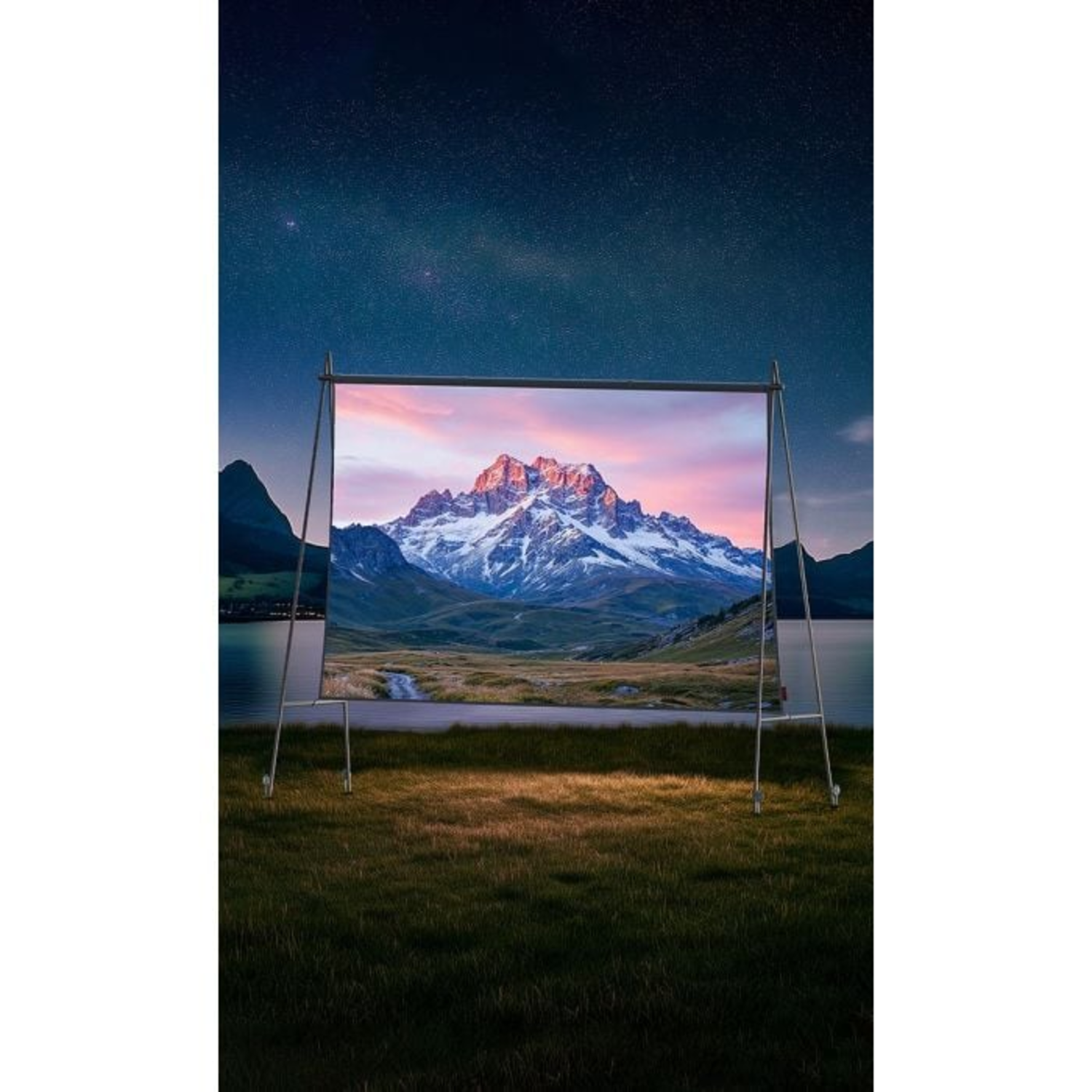 A screen displays a mountain landscape under a starry sky. The screen is on a grassy field. Mountains and water are also present.