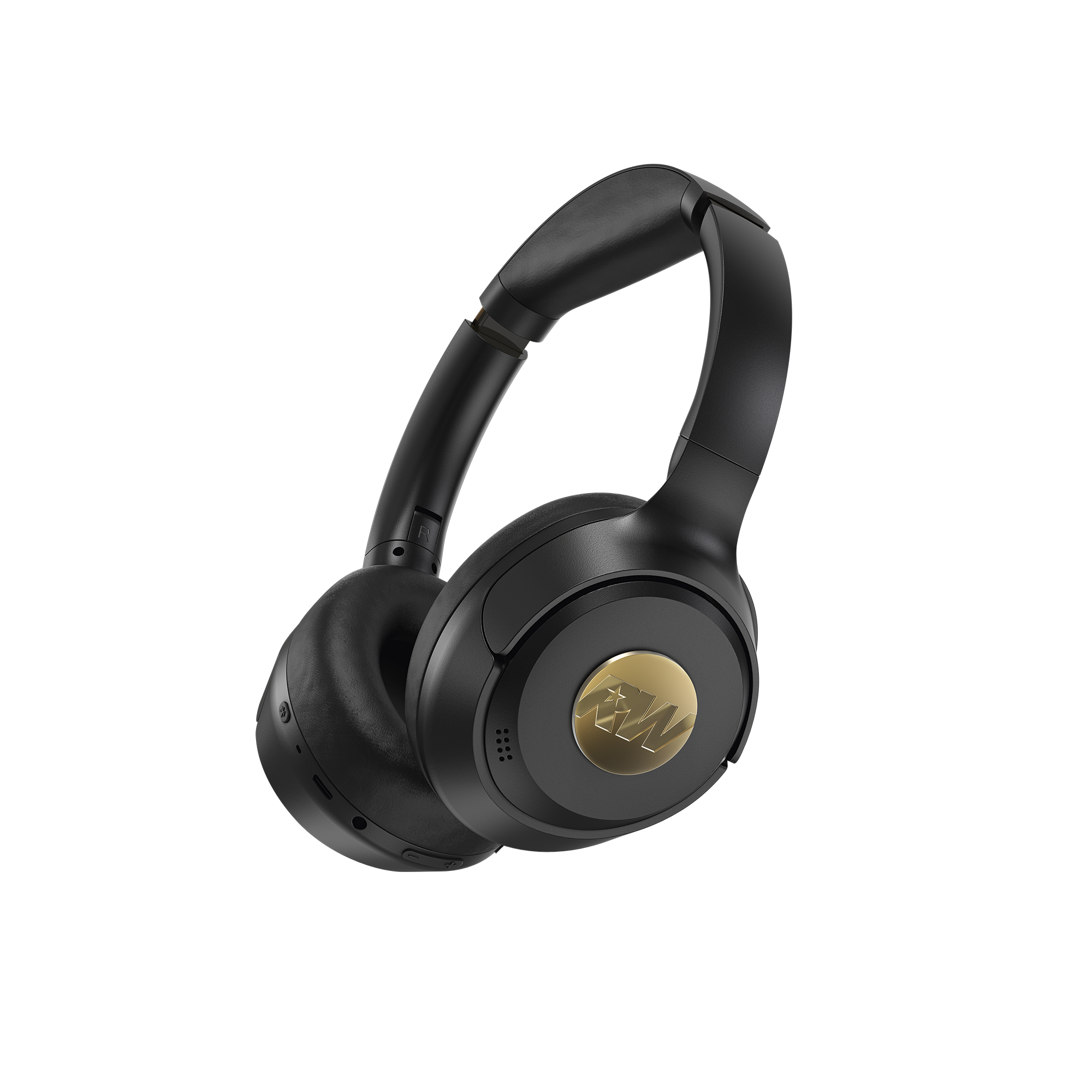 Czarne słuchawki ze złotymi akcentami. Na nausznikach złote logo. Tło jest białe.