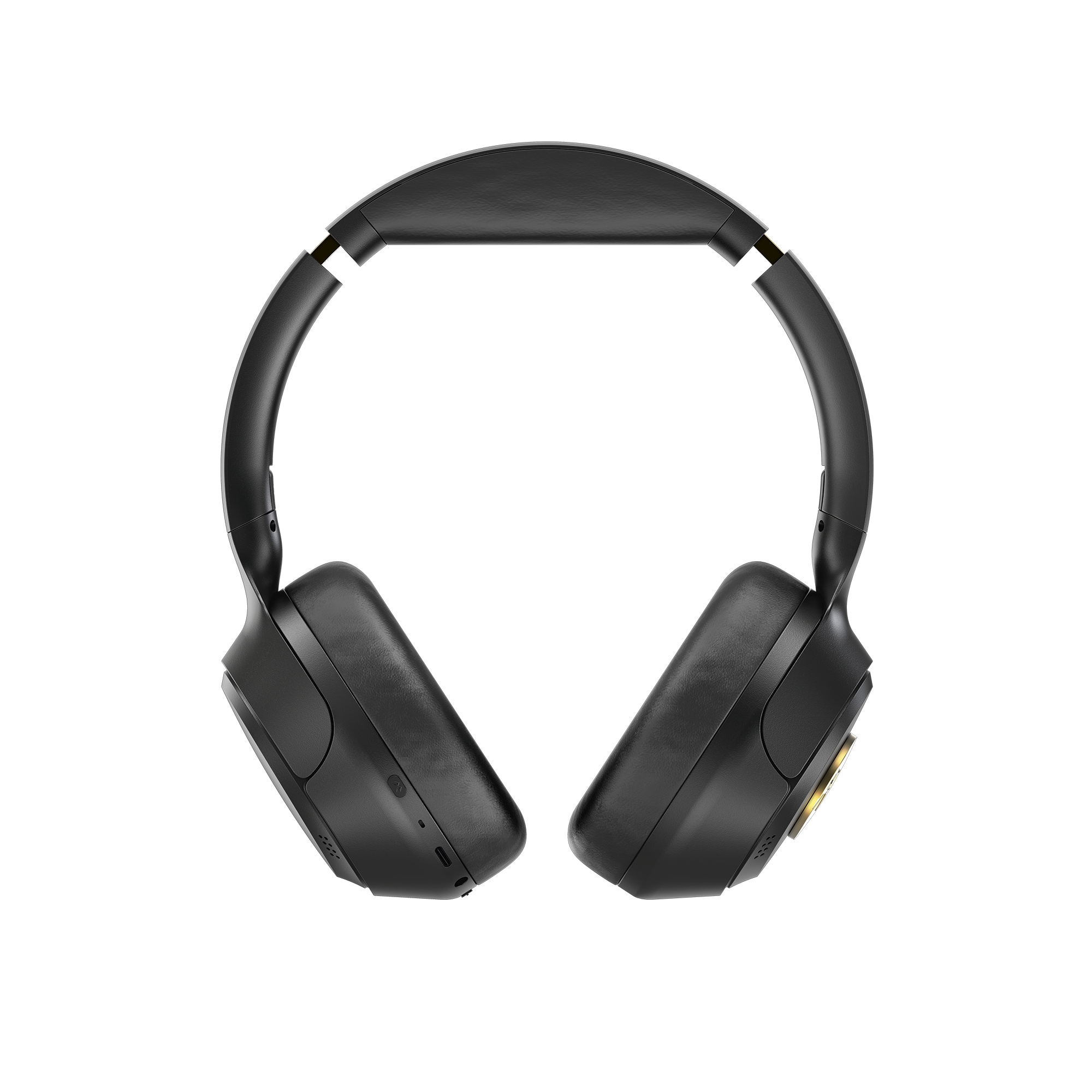 Czarne słuchawki na białym tle. Słuchawki mają elegancki design i są skierowane w stronę środka.