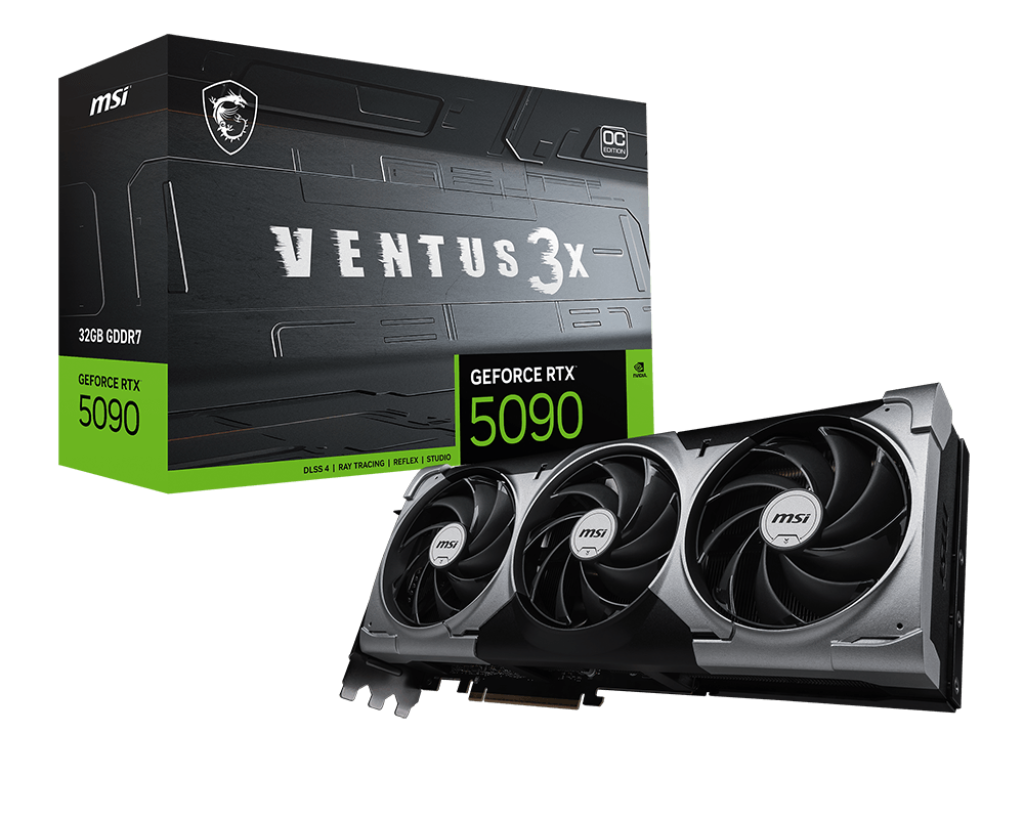MSI GeForce RTX 5090 Grafikkarte mit drei Lüftern und einer Ventus 3X-Box. Die Box ist schwarz und grün.