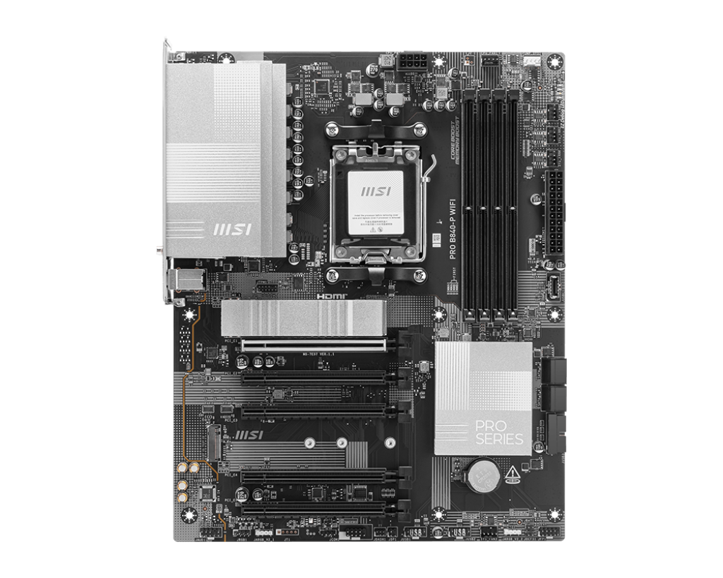 Siyah ve gümüş renkli bir MSI anakart, işlemci soketi, RAM yuvaları ve çeşitli portlarla. Kartta 'PRO SERIES' etiketi bulunuyor.