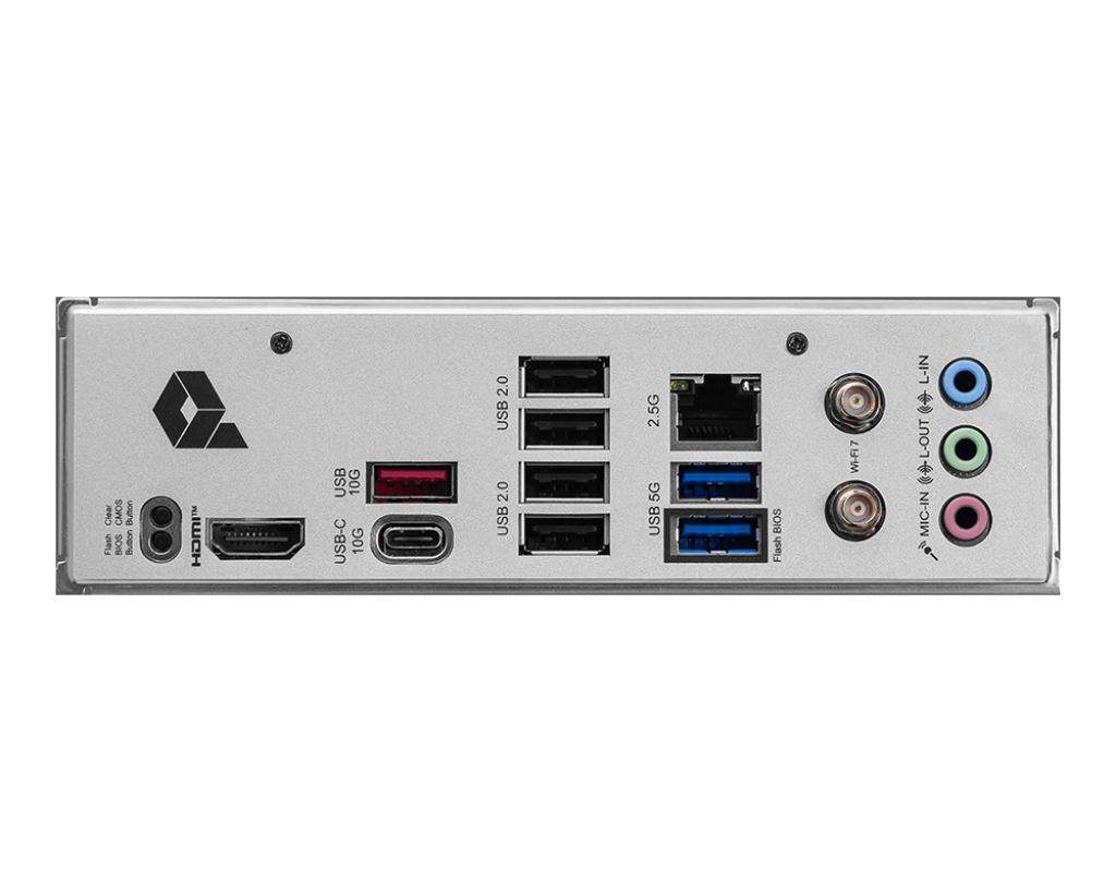 Siyah arka plan üzerinde USB portları, HDMI, ses jakları ve Wi-Fi konektörleri olan gümüş anakart arka paneli.