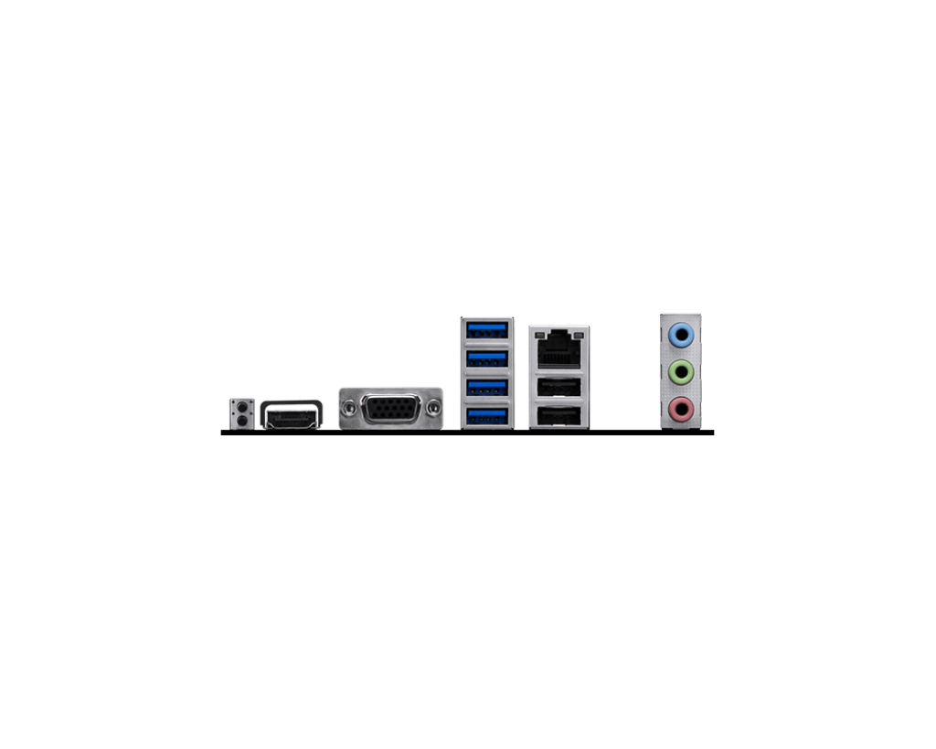 Siyah bir bilgisayar anakartının arka paneli. Çeşitli bağlantı noktaları vardır: HDMI, VGA, USB, Ethernet ve ses jakları, hepsi siyah bir arka plan üzerinde.