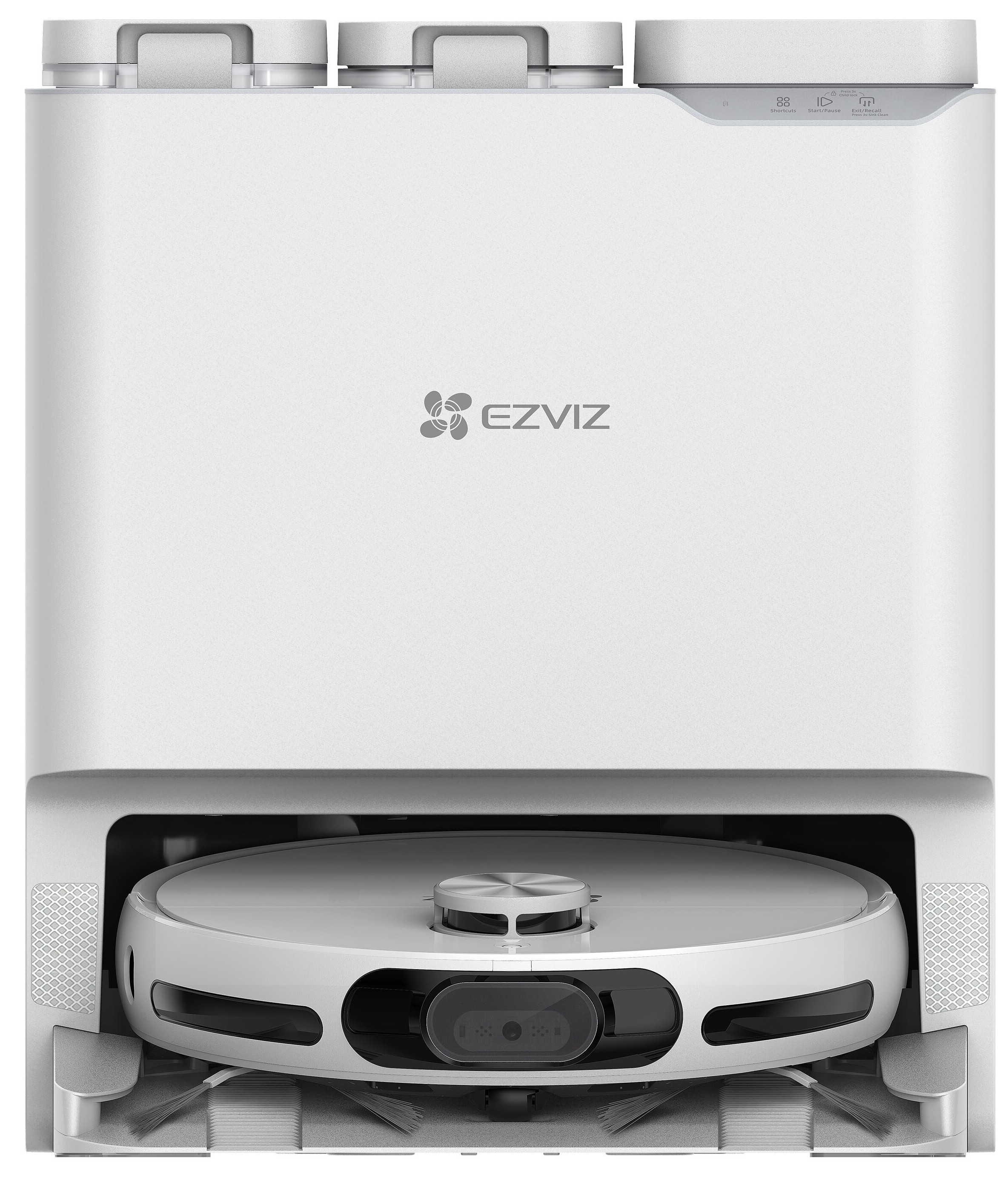 Biały robot odkurzacz EZVIZ z okrągłą podstawą i czarną kamerą. Posiada przyciski skrótów i pojemnik na kurz.