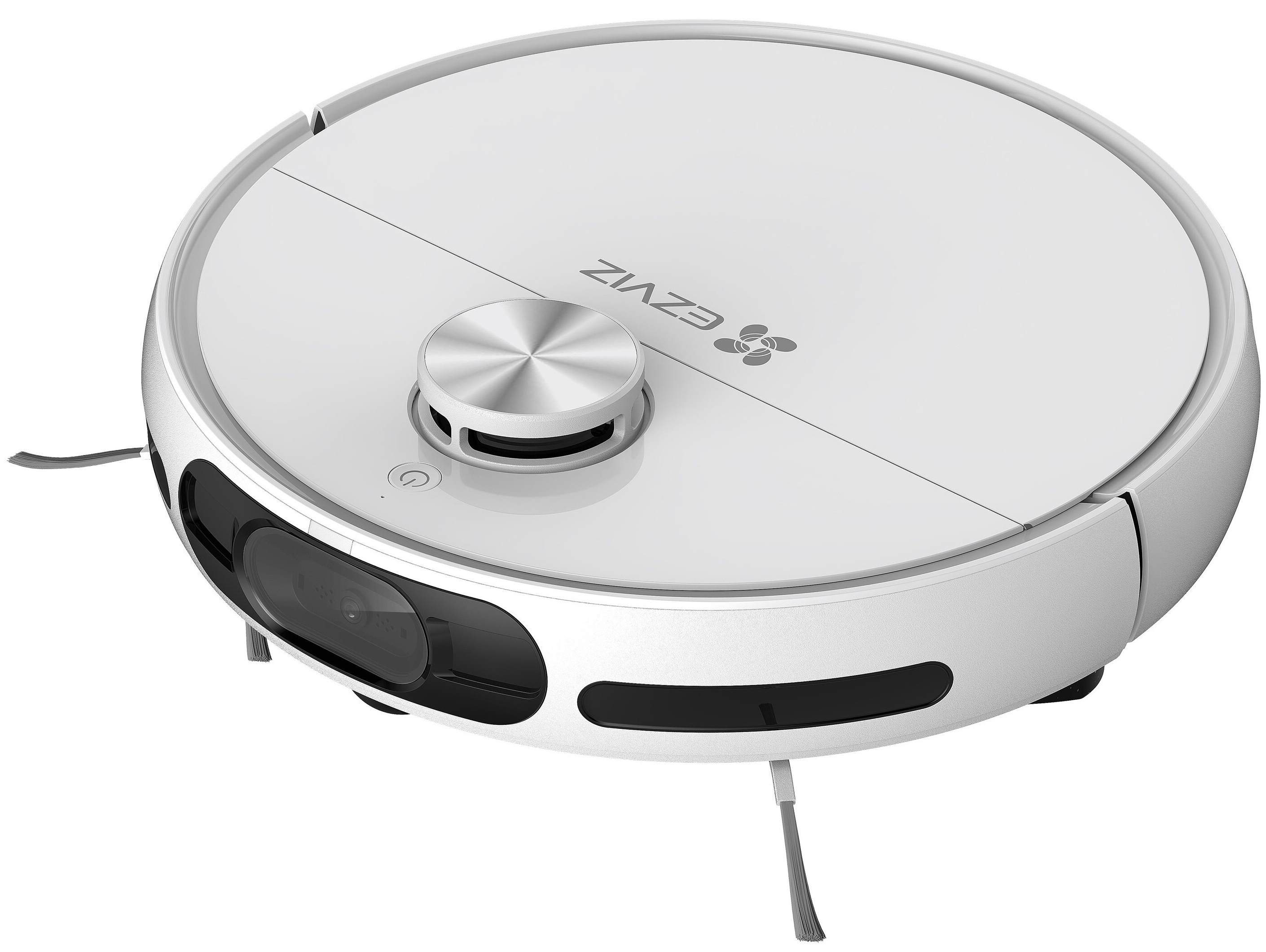 Biało-srebrny robot odkurzający z centralnym sterowaniem i szczotkami bocznymi, widoczna nazwa marki.