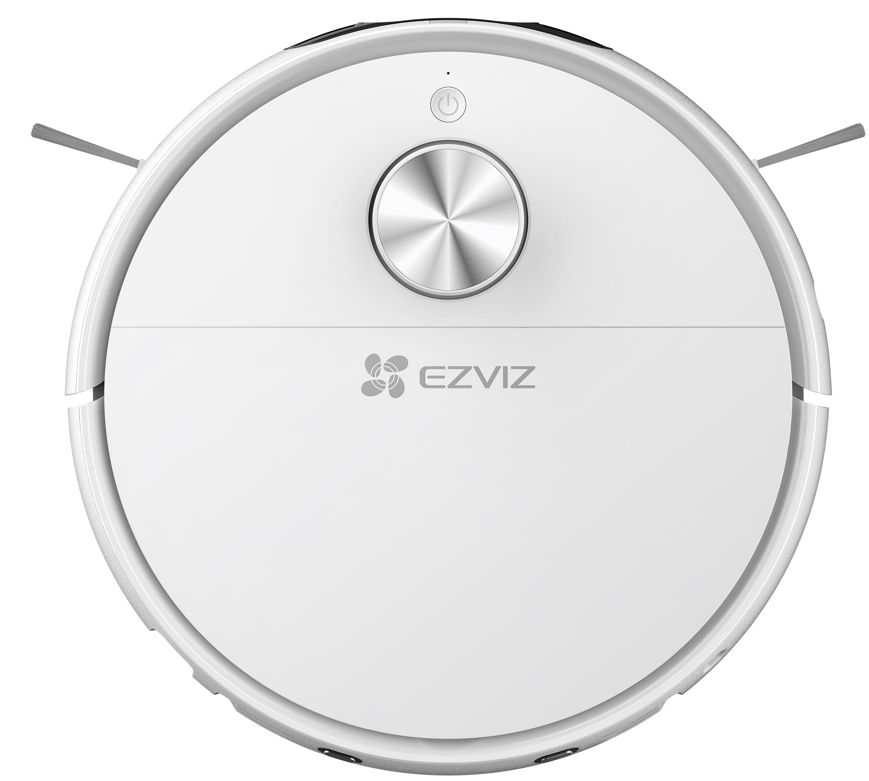 Biały, okrągły odkurzacz automatyczny ze srebrnym środkiem i dwiema szczotkami bocznymi. Widoczne logo EZVIZ.