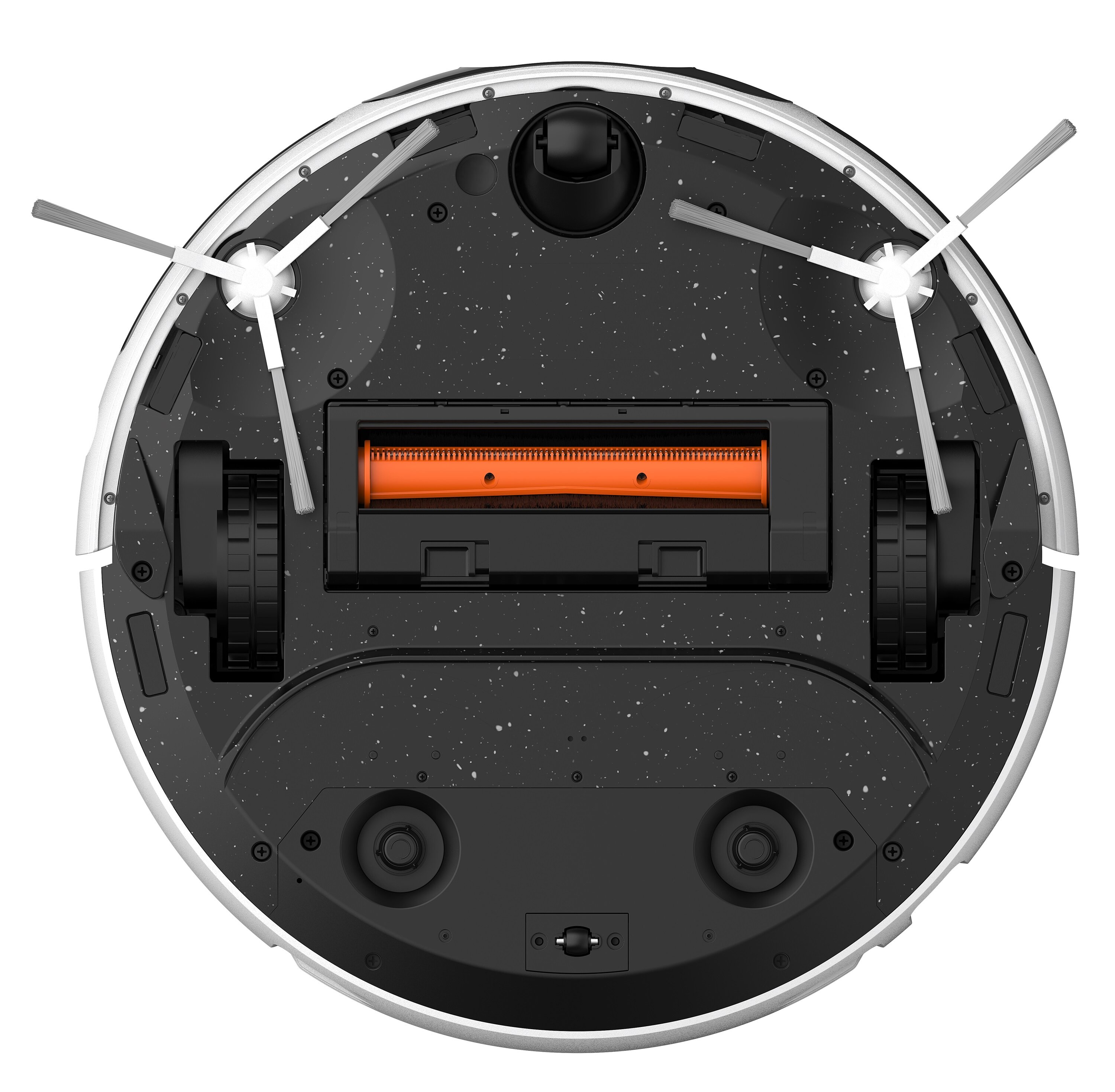 Robot odkurzający, widok od spodu. Posiada szczotki i wałek. Schemat kolorów to czarny i biały, z pomarańczowym.