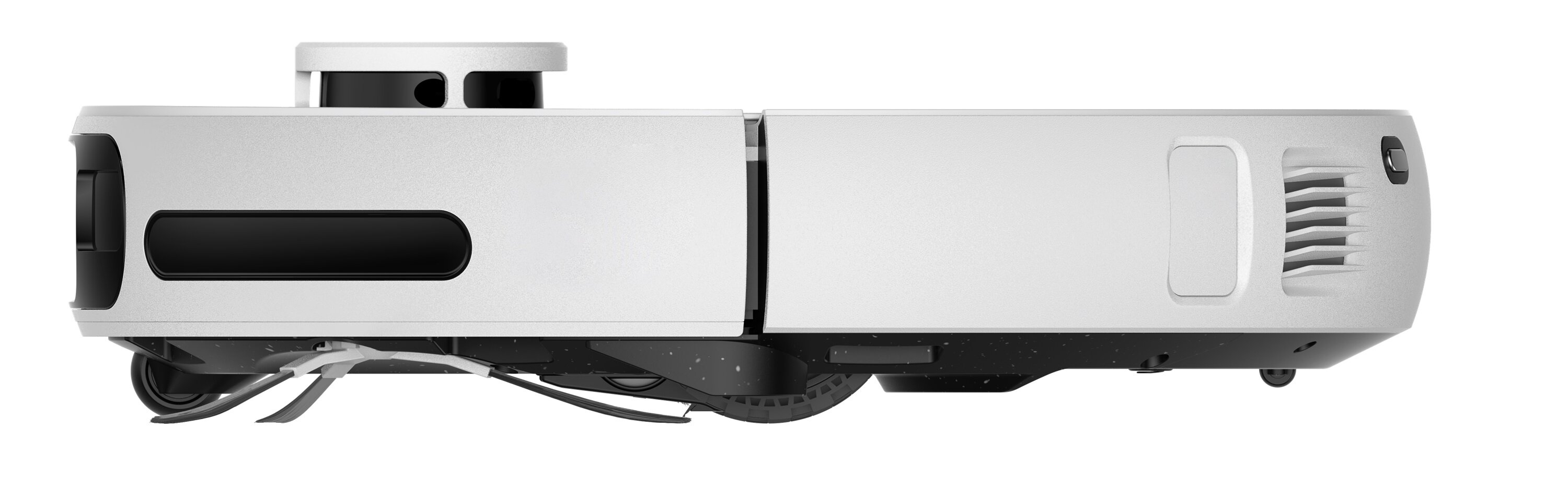 Biało-czarny odkurzacz automatyczny. Widoczny górny czujnik, przednia szczotka i boczne otwory wentylacyjne.