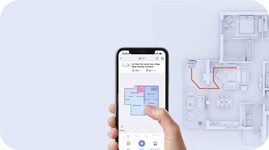 Ręka dotyka ekranu telefonu wyświetlającego plan piętra. Plan pokazuje trasy czyszczenia i układy pomieszczeń. Widoczny jest również plan domu.