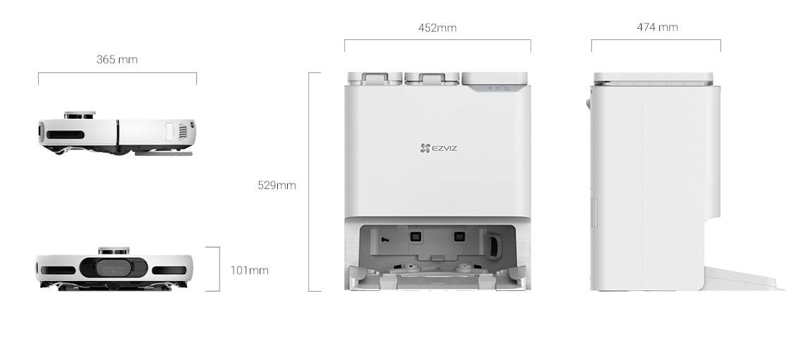 Biały robot sprzątający, stacja czyszcząca i widok z boku z wymiarami. Logo EZVIZ na stacji czyszczącej.