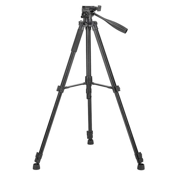 Beyaz zemin üzerinde siyah bir tripod. Üç bacağı ve bir tutamağı olan bir başlığı var. Bacaklar ayarlanabilir.
