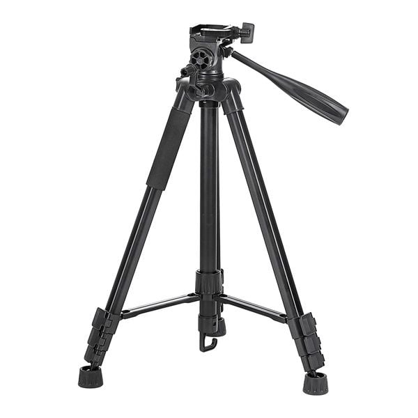 Beyaz bir arka plan üzerinde ortalanmış siyah bir tripod. Üç bacağı ve bir sapı olan bir başlığı var.