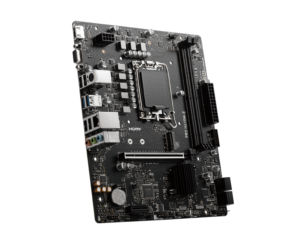Siyah bir arka plan üzerinde siyah bir MSI PRO H610M-E anakart. Çeşitli konektörler, çipler ve bir soğutucuya sahip.