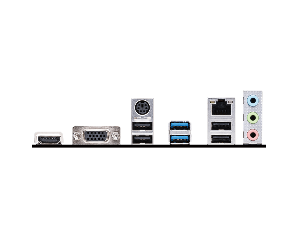 Siyah arka plan üzerinde çeşitli portlara sahip bir bilgisayar anakart paneli: HDMI, VGA, PS/2, USB, Ethernet ve ses jakları.