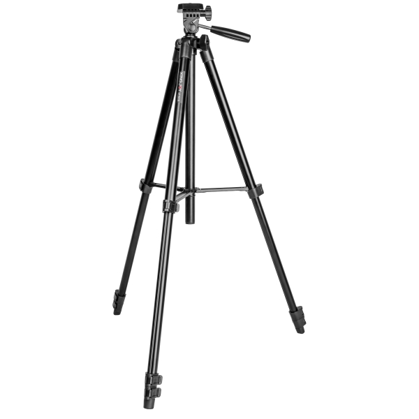 Beyaz zemin üzerinde üç ayaklı siyah bir tripod. Bir başlığı ve bir kolu var.