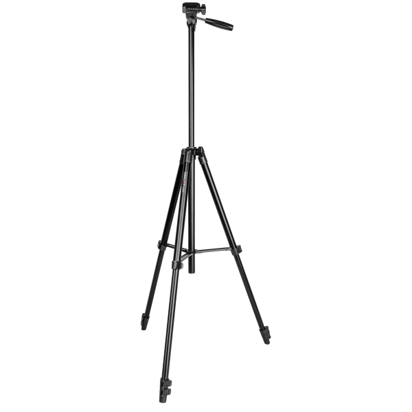Beyaz zemin üzerinde siyah bir tripod. Üç bacağı yayılmış ve yukarı doğru uzanan, başlığı ve tutacağı olan bir merkezi direği var.