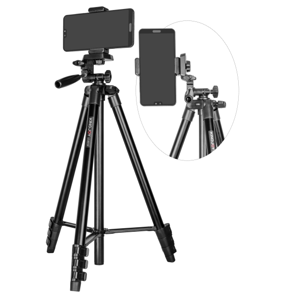 Beyaz zemin üzerinde bir akıllı telefon takılı siyah bir tripod. Akıllı telefonlu başka bir tripod daire içinde.
