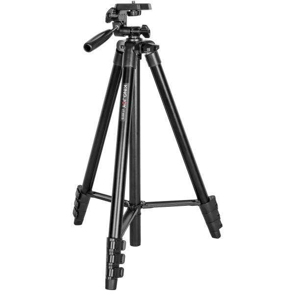 Beyaz zemin üzerinde siyah bir tripod. Üç bacağı, bir başlığı ve bir tutamağı var. Marka adı bir bacakta görülebilir.