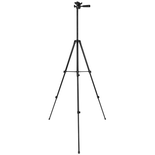 Beyaz bir zemin üzerinde siyah bir tripod duruyor. Üç bacağı yayılmış, bir kamera yuvası olan dikey bir direği destekliyor.