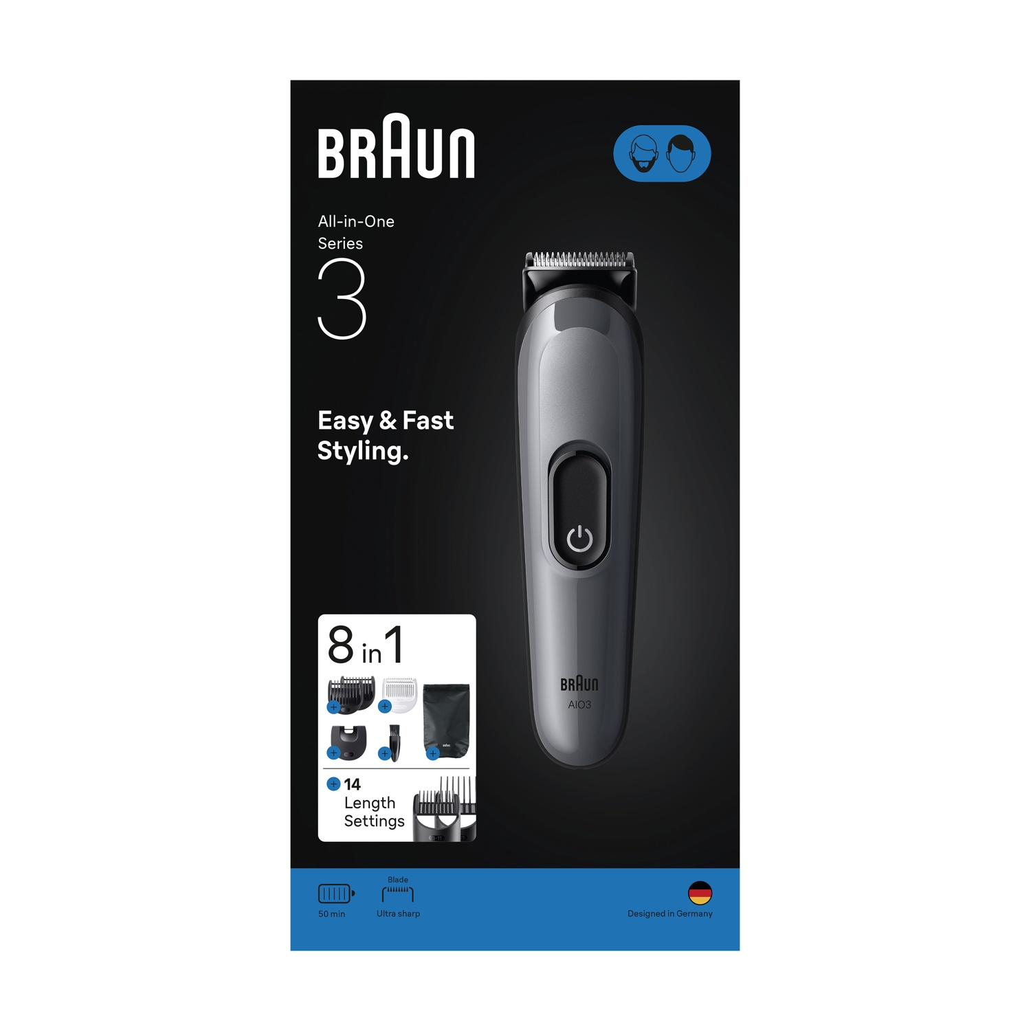 Viene mostrato un rifinitore Braun All-in-One Series 3. Le caratteristiche includono 8 in 1, 14 impostazioni di lunghezza, 50 min di batteria e lama ultra affilata. Progettato in Germania.