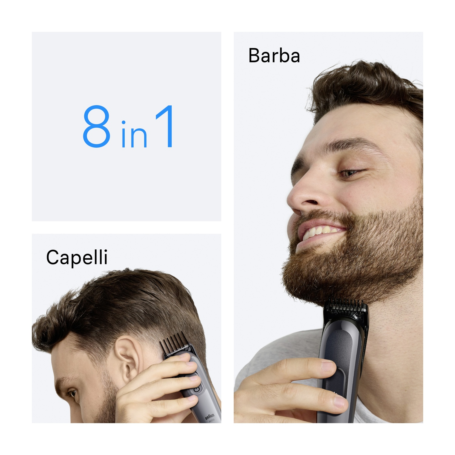Immagine che mostra un uomo che usa un trimmer sulla barba e sui capelli. Il testo sull'immagine dice '8 in 1', 'Barba' e 'Capelli'.