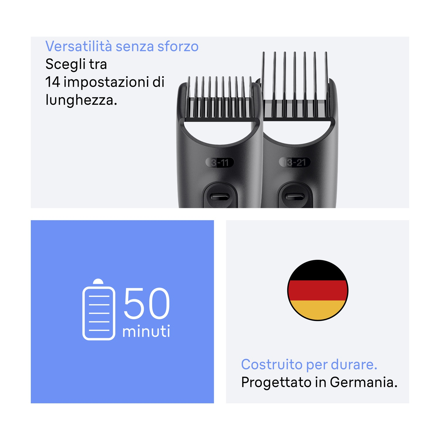 Due tagliacapelli neri con impostazioni di lunghezza. Testo: 'Versatilità senza sforzo', '50 minuti', bandiera tedesca, e 'Progettato in Germania'.