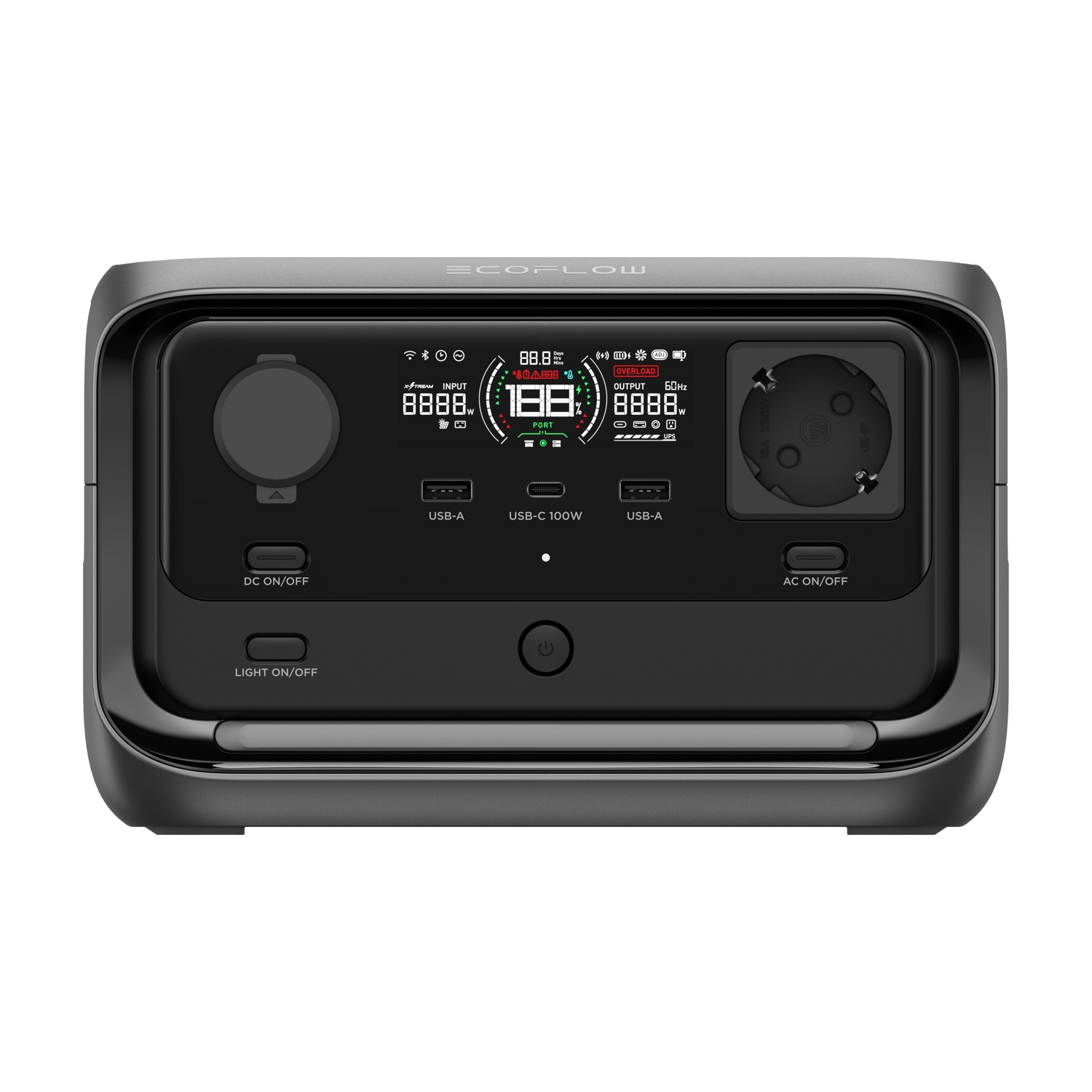 Una stazione di alimentazione EcoFlow nera. Dispone di un display con dati di ingresso e uscita, porte USB e una presa CA.