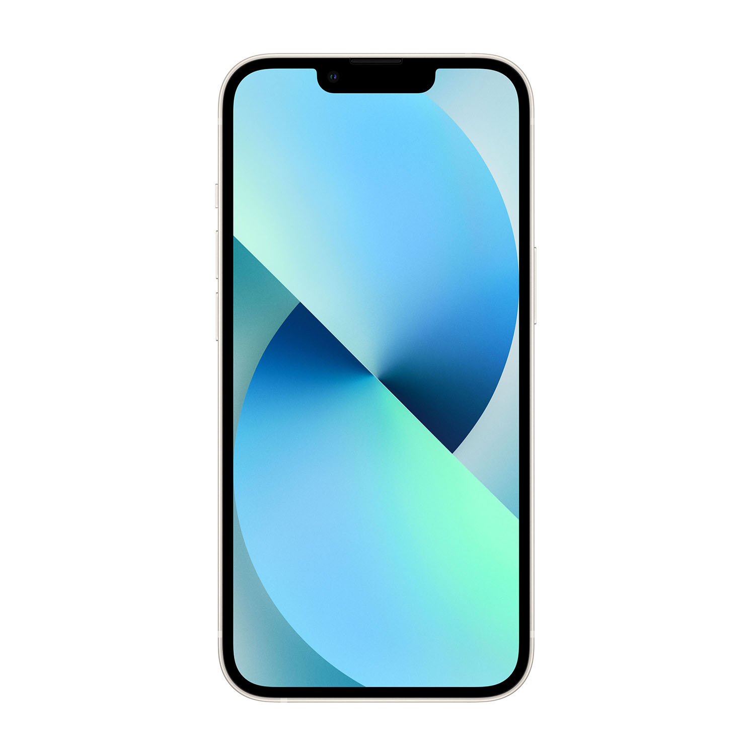 Uno smartphone mostra un'immagine astratta blu e bianca. Il telefono ha cornici nere e una cornice dorata, su sfondo bianco.