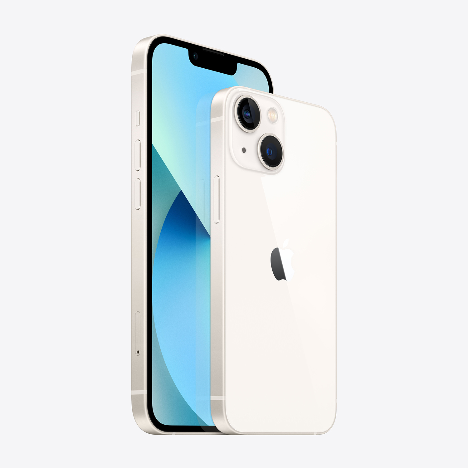 Due iPhone, uno con schermo blu rivolto in avanti. L'altro mostra il retro con il logo Apple e le fotocamere.